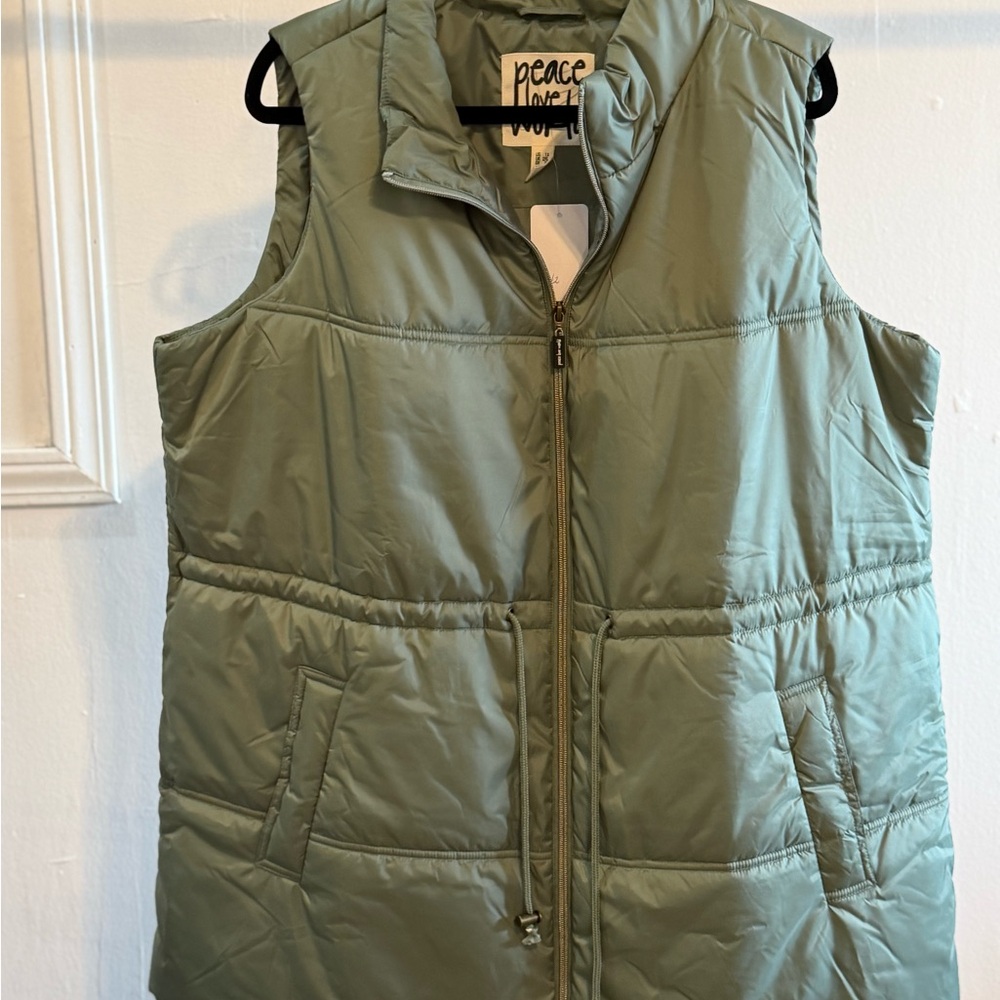 Peace Love World Puffer Vest Cinch Waist Pockets Zip Front Sage Plus Size 1X